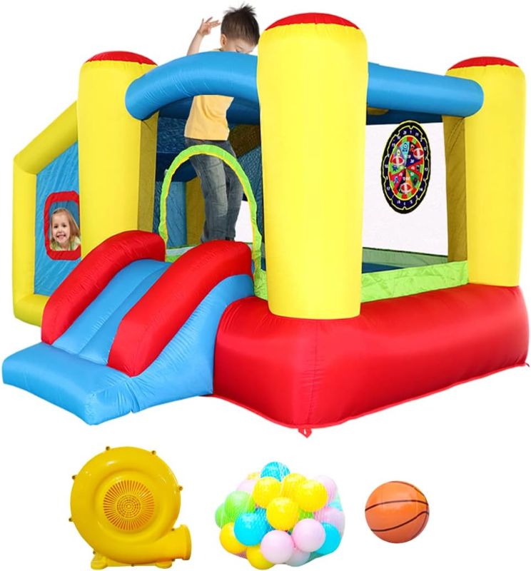 Photo 1 of Inflatable Bounce House with Blower, Jumping Castle Slide, Kids Bouncer with Ball Pit, Basketball Rim, Dart Target Game