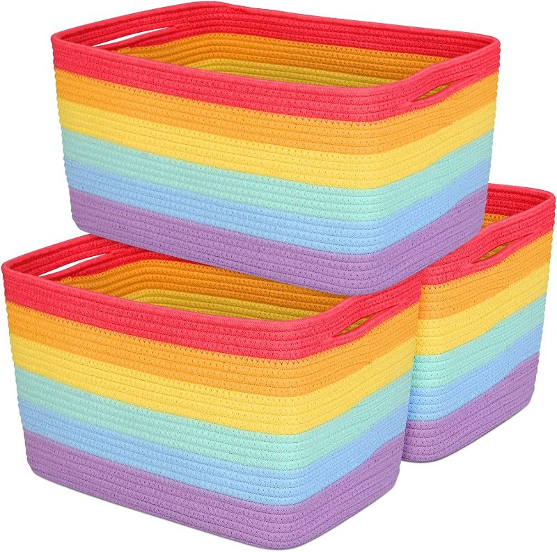 Photo 1 of  Rainbow Storage Basket 3-Pack - Woven Baskets for Storage | Toy Storage Basket for Nursery | Baby Organizing Basket With Handles | Cotton Rope Baskets for Storage | Decorative Baskets