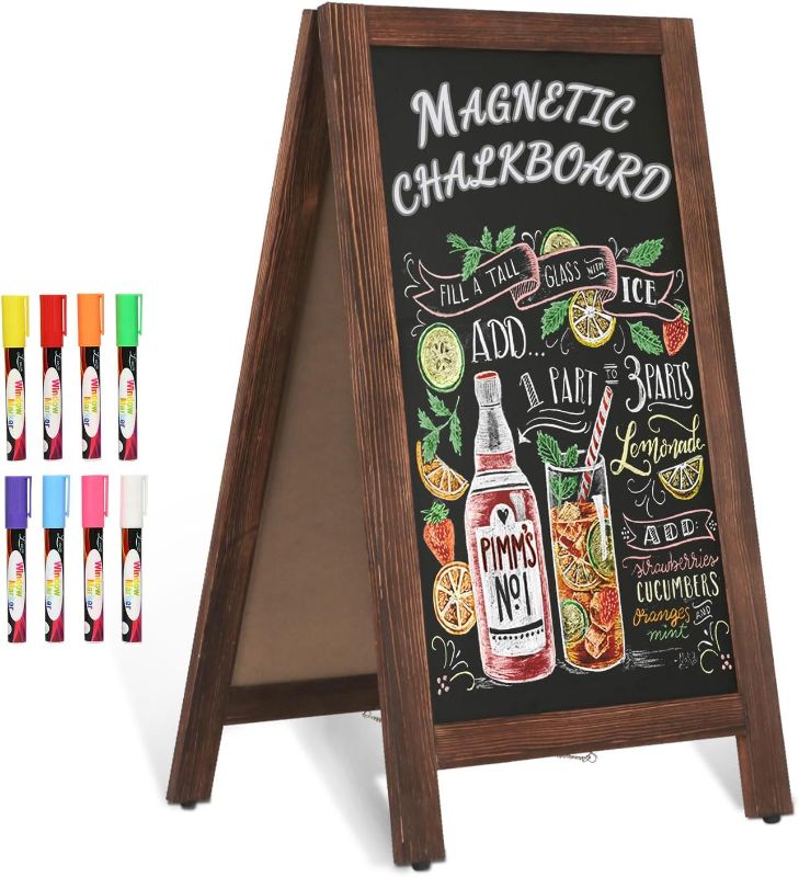 Photo 1 of AMUSIGHT Wooden A-Frame Magnetic Chalk Board Sign, 40" x 20" Double-Sided Framed Chalkboard Easel, Sandwich Board, Outdoor Sign for Restaurant, Business or Wedding, 8 Liquid Chalk Markers
