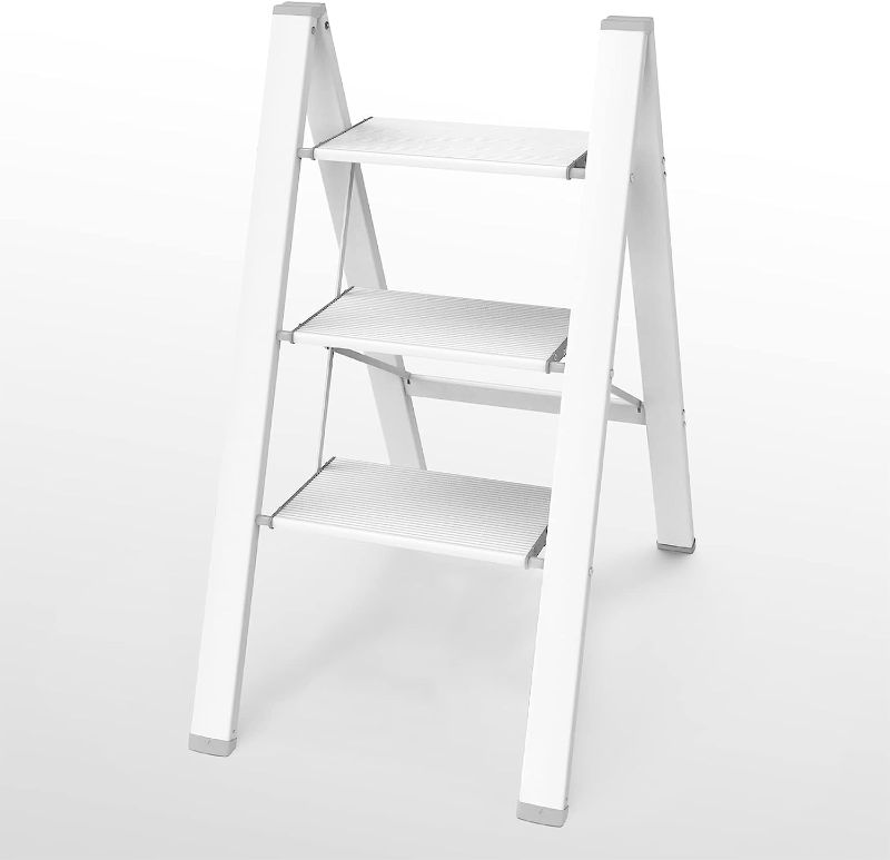 Photo 1 of Asoopher 3 Step Ladder, Aluminum Folding Step Stool with Wide Anti-Slip Pedal, 330 Lbs Capacity, Lightweight & Portable Stepladder for Household and Office, White
