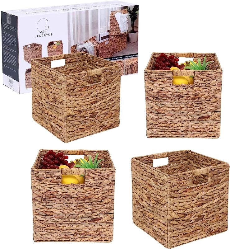 Photo 1 of  Foldable Handwoven Water Hyacinth Storage Baskets Wicker Cube Baskets Rectangular Laundry Organizer Totes,Set of 4 Pcs,12x12x12inch