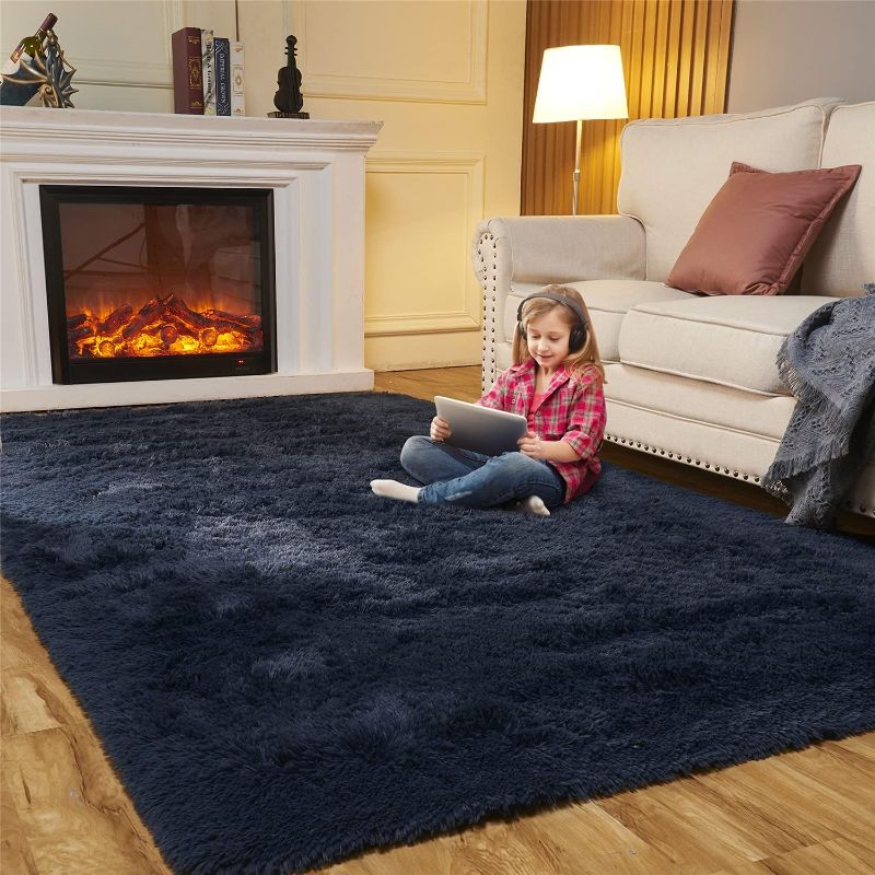 Photo 1 of Area Rugs for Bedroom Living Room, 8ft x 10ft Navy Blue Fluffy Carpet for Teens Room, Shaggy Throw Rug Clearance for Nursery Room, Fuzzy Plush Rug for Dorm