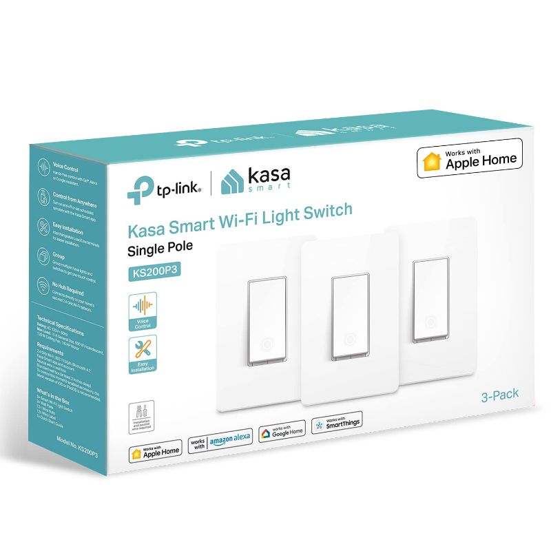 Photo 1 of Kasa Apple HomeKit Smart Light Switch KS200P3, Single Pole, Neutral Wire Required, 2.4GHz Wi-Fi Light Switch Works with Siri, Alexa and Google Home, UL Certified, No Hub Required, White, 3-Pack