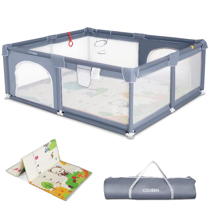 Photo 1 of Baby Playpen with Folding Mat, 71" X 59" X 26.5" Extra Large Playpen for Babies and Toddlers with Zipper Gate Anti-Slip Suckers,Safety Baby Playard Fence Activity Center for Indoor and Outdoor