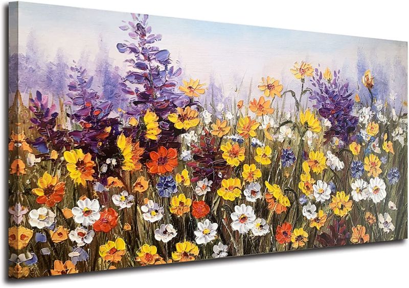 Photo 1 of Ardemy Flowers Wall Art Canvas Daisy Colorful Bloosom Artwork Modern Landscape Painting, Purple Yellow Floral Picture Large Size Framed for Living Room Bedroom Bathroom Office Home Decor, 40"x20" 40"x20" Colorful Flowers