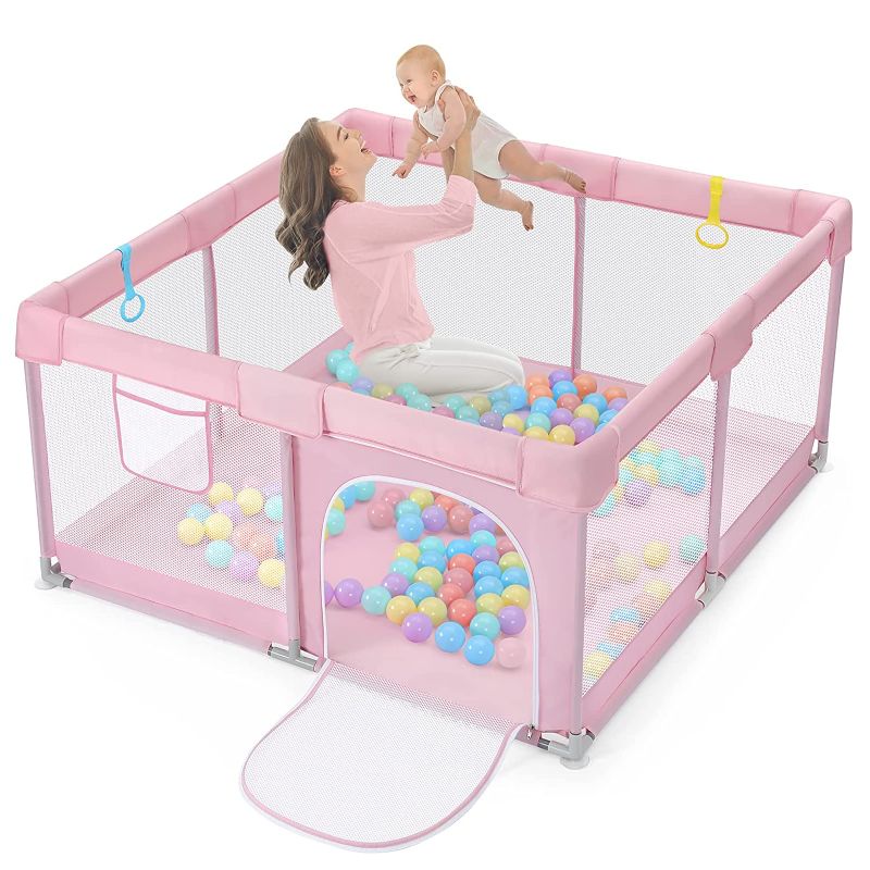 Photo 1 of Baby Playpen, 50x50 Playpen with Zipper Gates, Playpen for Babies and Toddlers, Play Yard with Pull-up Rings, Visible Mesh, Safety Anti-Fall Sturdy Baby Play Pen, Waterproof Oxford Cloth(Pink)