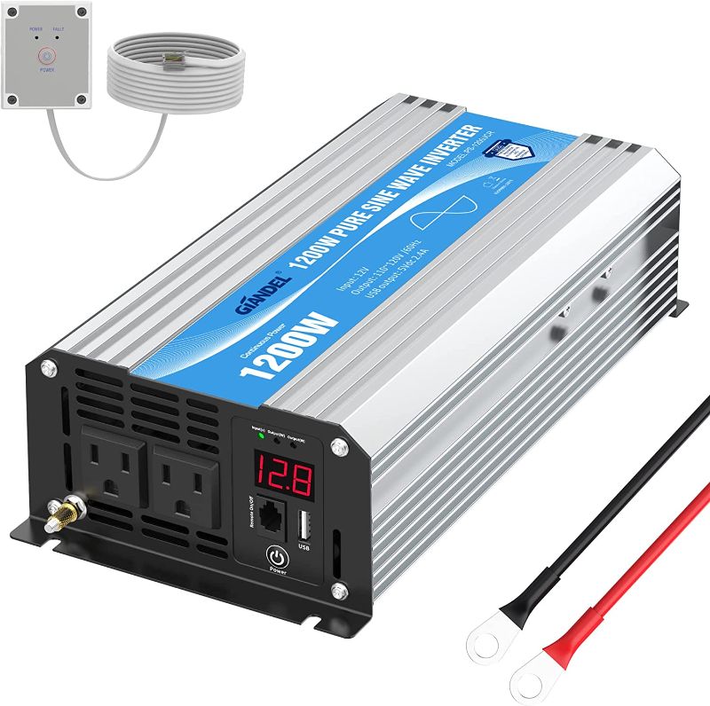 Photo 1 of 
Power Inverter Pure Sine Wave 1200 Watt 12V DC to 120V with Remote Control Dual AC Outlets and USB Port for RV Car Solar System Emergency