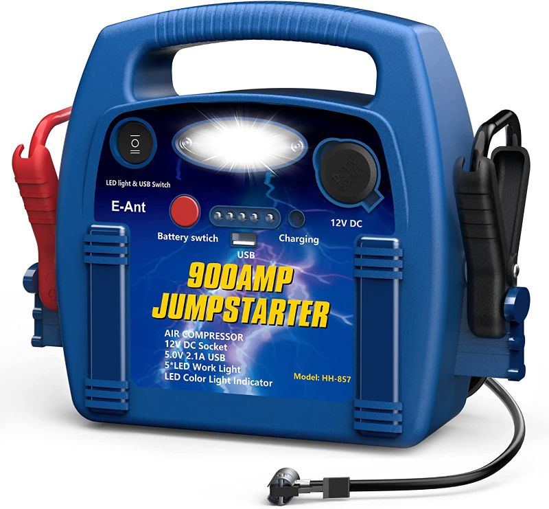 Photo 1 of E-Ant Jump Starter with Air Compressor, 900A Peak Jump Starter, 260 PSI Tire Inflator, 12V Battery Jumper Starter Portable, Jumper Cables for Up to 6.0L Gas/4.0L Diesel Engines with DC/USB Ports-Blue