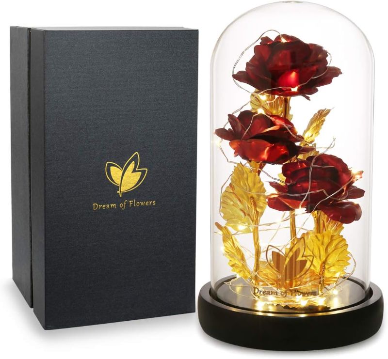 Photo 1 of Dream of Flowers from Daughter, 24K Galaxy Artificial Rose Flower Beauty and The Beast Rose, Colorful Led Lights in The Dome Glass, Unique Gift for Mom, Valentine's Day, Anniversary