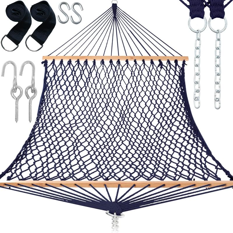 Photo 1 of 52" Width Double Hammocks Traditional Hand Woven Cotton Rope with Tree Straps & Hooks Double Solid Wood Spreader Bar for 2 Person Outside Outdoor Indoor, Max 450Lbs (Navy)