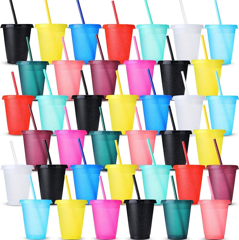Photo 1 of 60 Pack Glitter Cups with Lids and Straws Reusable Plastic Tumblers Cute Colorful Travel Party Cups Adults Kids Smoothie Cups 
