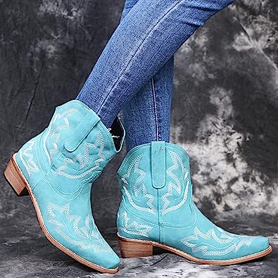 Photo 1 of gloryinterest Cowboy Boots for Women Booties Ankle Cowgirl Western Boots Stitched Embroidered Pointed Toe Short Chunky Classic