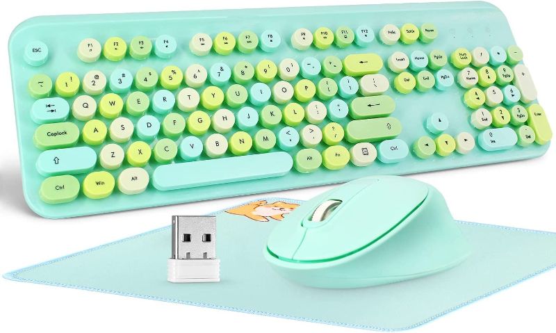 Photo 1 of BOOGIIO Wireless Keyboard and Mouse Combo, 2.4G Full-Sized Typewriter Keyboard with Mouse Pad and Battery, Retro Round 104 Keycaps,Mint Green Keyboard and Mouse Set for Windows 7 and Above/Laptop/PC