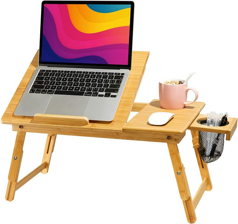 Photo 1 of HUANUO Lap Desk- Fits up to 15.6  Inch Laptop Desk, Foldable Bed Tray Breakfast Table with 5 Angles Tilting Top, Height Adjustable Laptop Stand with Storage Net