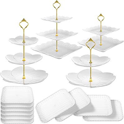 Photo 1 of 14 Pieces Tiered Cupcake Stand Set Gold 2-Tier 3-Tier Serving Stand Tower Tray with Round Rectangle Food Serving Trays Long Slim Dessert Stand for Party Baby Shower Wedding(White Stylish Style)