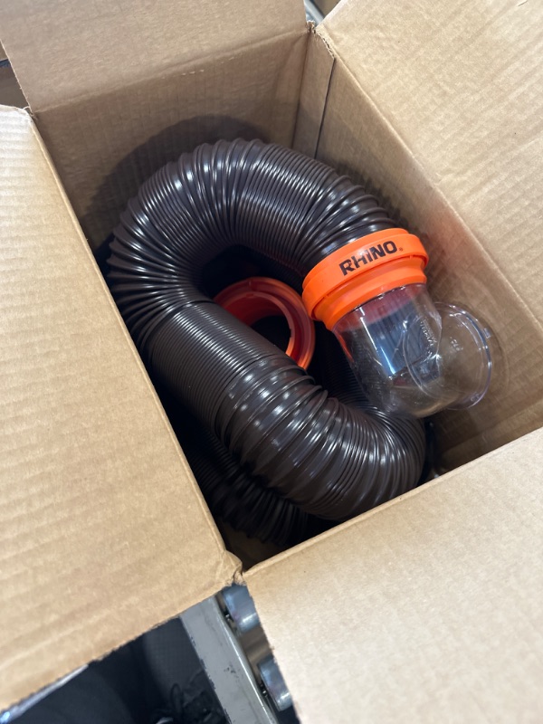 Photo 3 of Camco RhinoFLEX RV Sewer Hose Kit with Swivel Transparent Elbow and 4-in-1 Dump Station Fitting, Brown, 15 Feet (39770) 15ft Sewer Hose Kit Frustration-Free Packaging