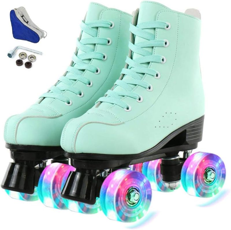Photo 1 of Beuway Womens Roller Skates Artificial Leather Adjustable Double Row 4 Wheels Roller Skates Shiny High-Top Outdoor Roller Skate for Teens, Womens 10