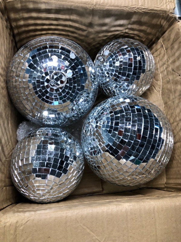 Photo 2 of 4 Pack Large Disco Ball Silver Hanging Disco Balls Reflective Mirror Ball Ornament for Party Holiday Wedding Dance and Music Festivals Decor Club Stage Props DJ Decoration (6 Inch, 4 Inch)