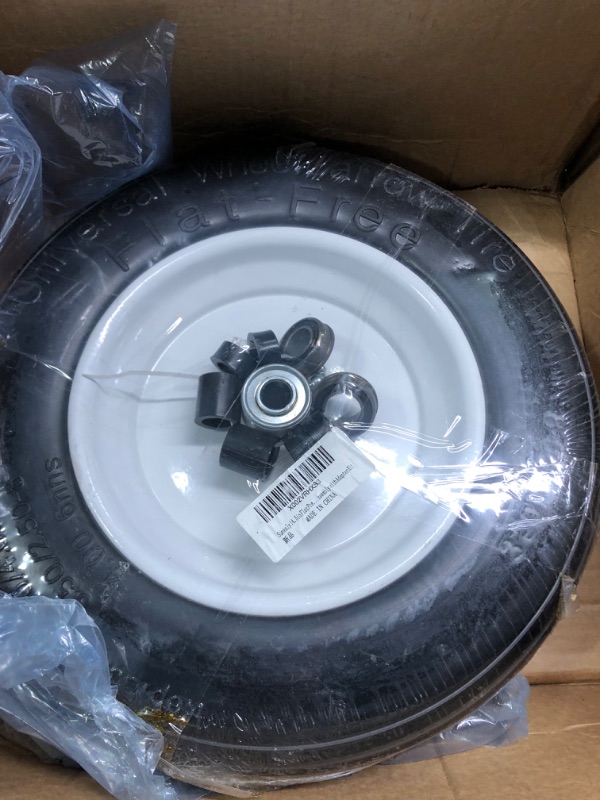 Photo 5 of 14.5"Flat Free Wheelbarrow Tire with 3/4 & 5/8 Wheel Bearing, 3" Hub 13"-16" Universal Fit Air Less Tire 4.80/4.00-8 for Garden Cart Wagon Ribbed Tread Axle hole 16mm Foamed Polyurethane Tire