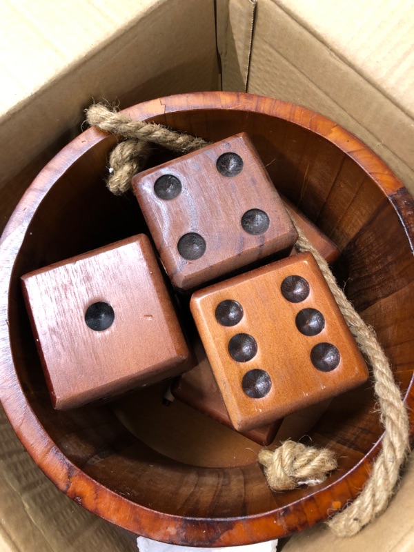 Photo 1 of Ceebyfa Giant Wooden Yard Dice, Yardzee & Yardkle Outdoor Game Set with Bucket, Includes 6 Giant Dice, Collapsible Bucket,2 Scorecards & 2 Markers, Large Lawn Dice Game for Adults and Family.