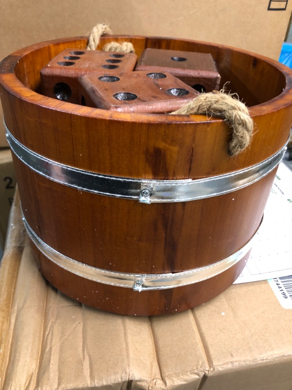 Photo 1 of Ceebyfa Giant Wooden Yard Dice, Yardzee & Yardkle Outdoor Game Set with Bucket, Includes 6 Giant Dice, Collapsible Bucket,2 Scorecards & 2 Markers, Large Lawn Dice Game for Adults and Family.