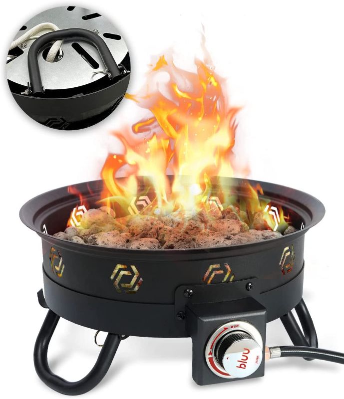 Photo 1 of BLUU Deluxe Portable Propane Gas Fire Pit with Auto Ignition for Outdoor Camping- with Grill, Foldable Stand, Trachea Hook, Propane Tank Holder and Cover, 17-Inch Diameter 58,000 BTU, Matte Black