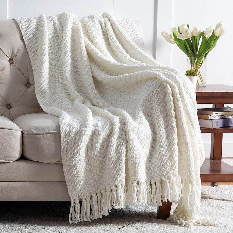 Photo 1 of Bedsure Throw Blanket for Couch – Cream White Versatile Knit Woven Chenille Blanket for Chair, Super Soft, Warm & Decorative Blanket with Tassels for Bed, Sofa and Living Room