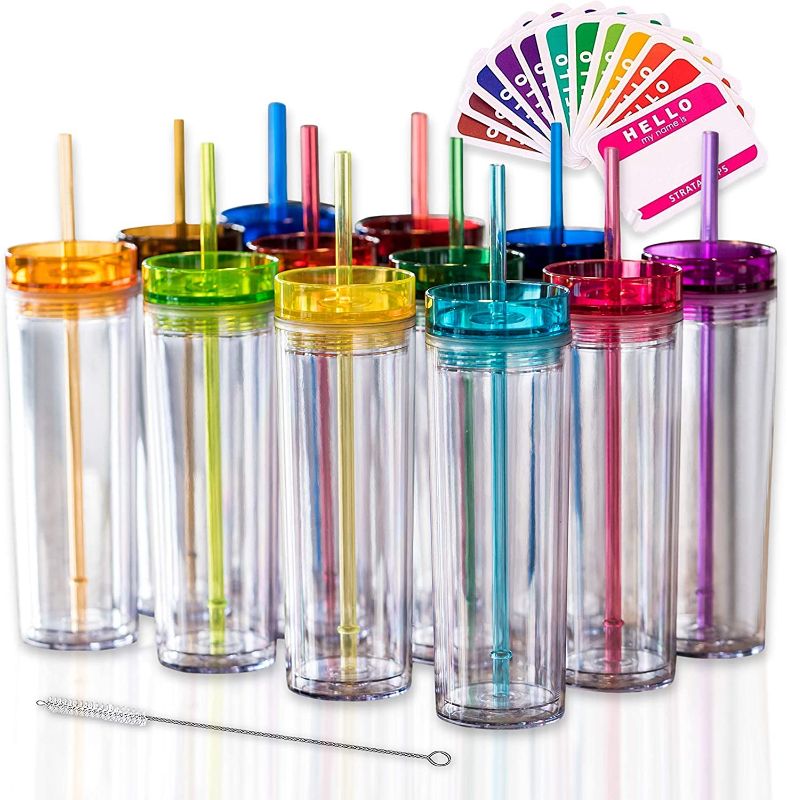 Photo 1 of 
SKINNY TUMBLERS 12 Colored Acrylic Tumblers with Lids and Straws | Skinny, 16oz Double Wall Clear Plastic Tumblers With FREE Straw Cleaner & Name Tags!...