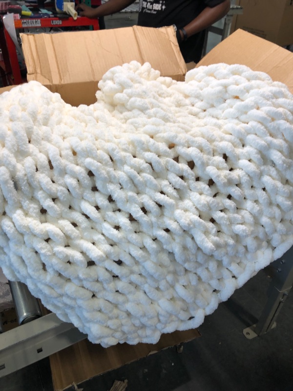 Photo 2 of Adyrescia Chunky Knit Blanket Throw | 100% Hand Knit with Jumbo Chenille Yarn (30"x40", Cream White) 30"x40" Cream White