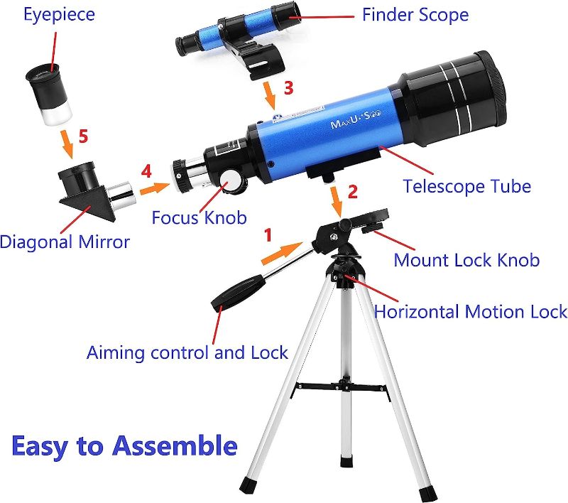 Photo 1 of MaxUSee 70mm Telescope for Kids & Astronomy Beginners, Refractor Telescope with Tripod & Finder Scope, Portable Telescope with 4 Magnification eyepieces & Phone Adapter