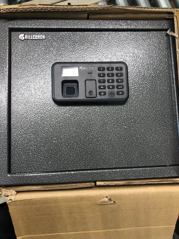 Photo 2 of BILLCONCH Smart Gun Safe for 4 Pistol Holders with Smart LCD UI, Automatic Locking Tabs Fast Automatic Opening and Closing of the Safe Door Tether Biometric Handgun Safe with APP Unlock 1 Cubic Feet Black( Selling For Parts Only) 