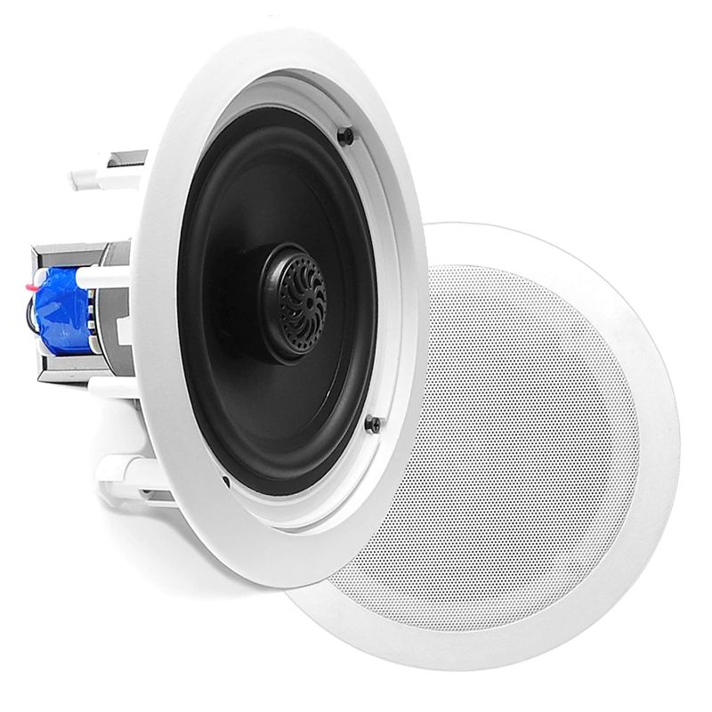 Photo 1 of 8” Ceiling Wall Mount Speakers - Pair of 2-Way Midbass Woofer Speaker 70v Transformer Directable 1” Titanium Dome Tweeter Design w/ 55Hz-22kHz Frequency Response & 250 Watts Peak - Pyle  White
(BRAND NEW IN BOX. OPENED FOR QUALITY CHECK/PICTURES.)