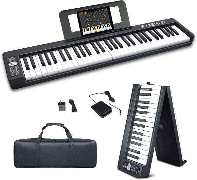 Photo 1 of  61 Key Folding Piano Keyboard, Semi Weighted Keys Portable Electronic Piano with Sheet Music Stand,Travel Bag,Bluetooth Piano App-Portable for Beginners