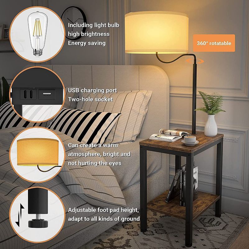 Photo 1 of LityMax LED Floor Lamp with Table - Rustic End Table with USB Charging Port, Power Outlet, Bedside Nightstand Shelves, Side Table with Reading Standing Light for Living Room, Bedroom,