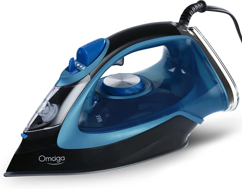 Photo 1 of 2023 UPGRADE] OMAIGA 1750W Steam Iron, Steam Iron for clothes with Rapid Heating Ceramic Coated Soleplate, Clothes Iron with Adjustable Precise Thermostat Dial, Self-Cleaning, Auto-Off, 15.21oz Water Tank for Daily Ironing Use, BLUE