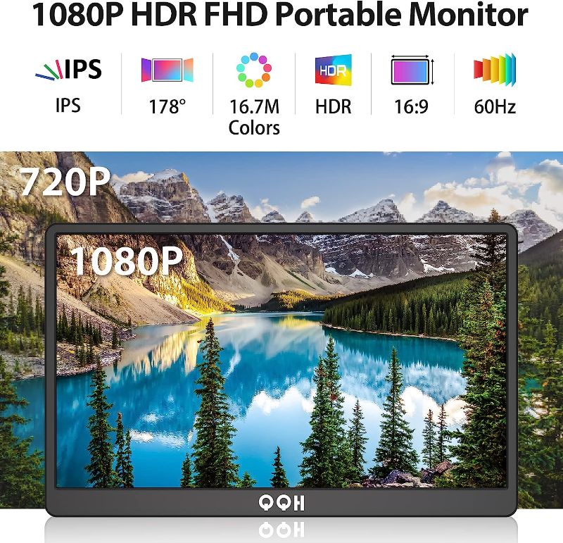 Photo 3 of  Monitor, QQH 15.6" Portable Travel Monitor for Laptop 1080P FHD IPS Second Screen, Gaming Monitor, USB C HDMI External Monitor Display for Computer Phone PC MAC PS4 