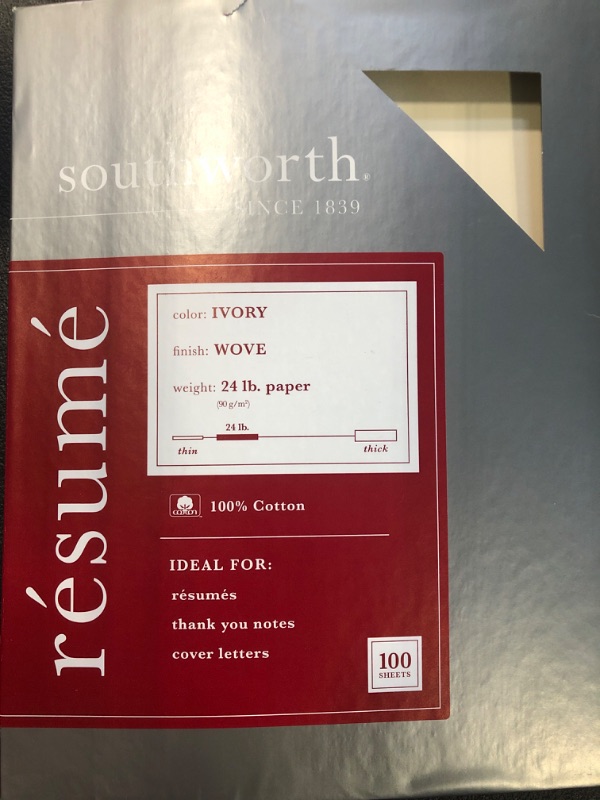 Photo 2 of Southworth Resume Paper, 8.5" x 11", 24 lb., Wove-Finish, Ivory, 100 Sheets/Box (R14ICF)