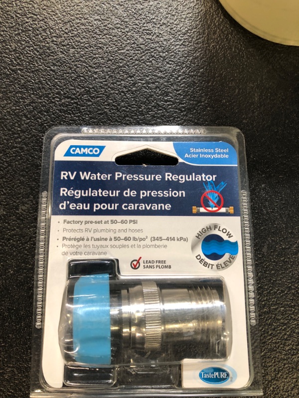 Photo 2 of Camco Flow Stainless-Steel Regulator, Protects RV Plumbing High Pressure Water, Compatible with 3/4" Garden Hose Threads, 40054