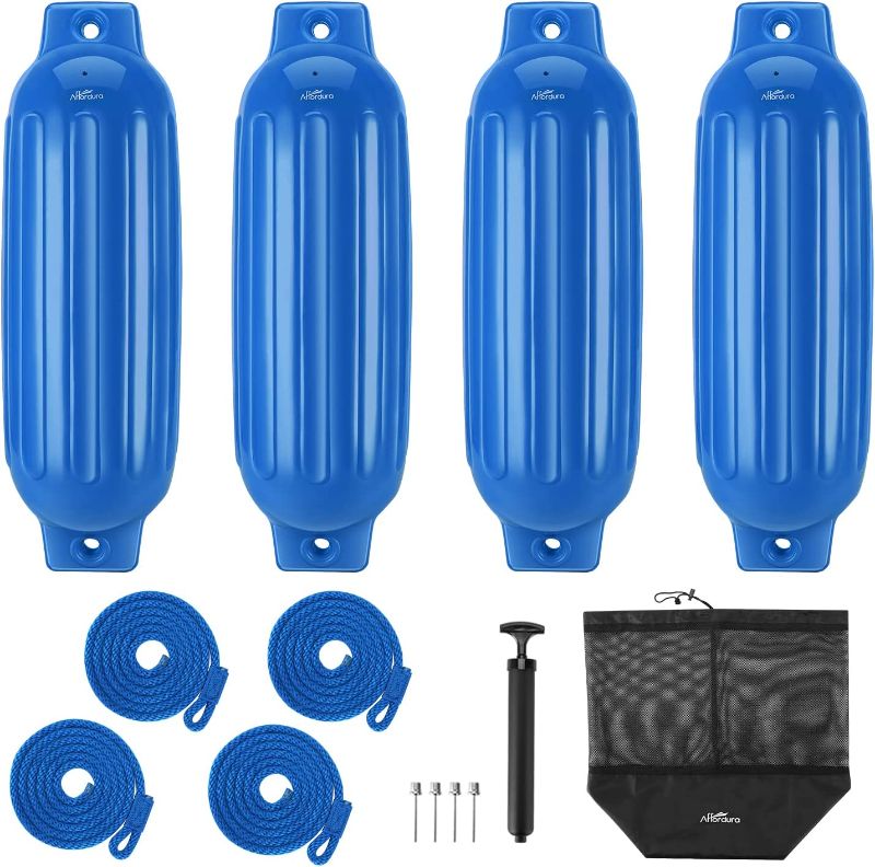 Photo 1 of Affordura Boat Fender 4 Pack Boat Bumpers Fenders with 4 Ropes, Boat Bumpers for Pontoon Boat Fenders Inflatable 5.5 inch Blue
