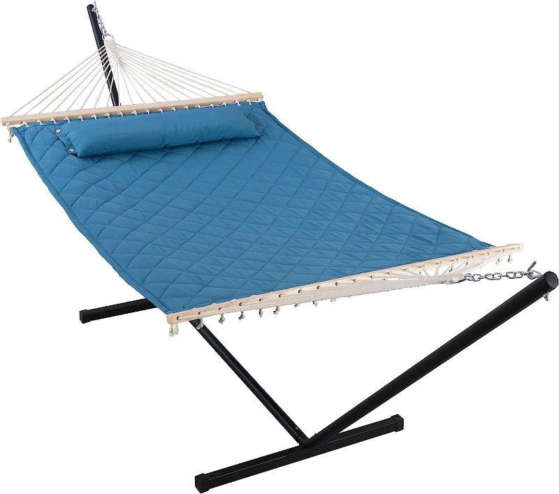 Photo 1 of ANOW Double Hammock with 12 Feet Heavy Duty Steel Stand Combo, 2 Person Quilted Hammock with Stand for Outdoors Indoors, 450 LBS Weight Capacity, Blue