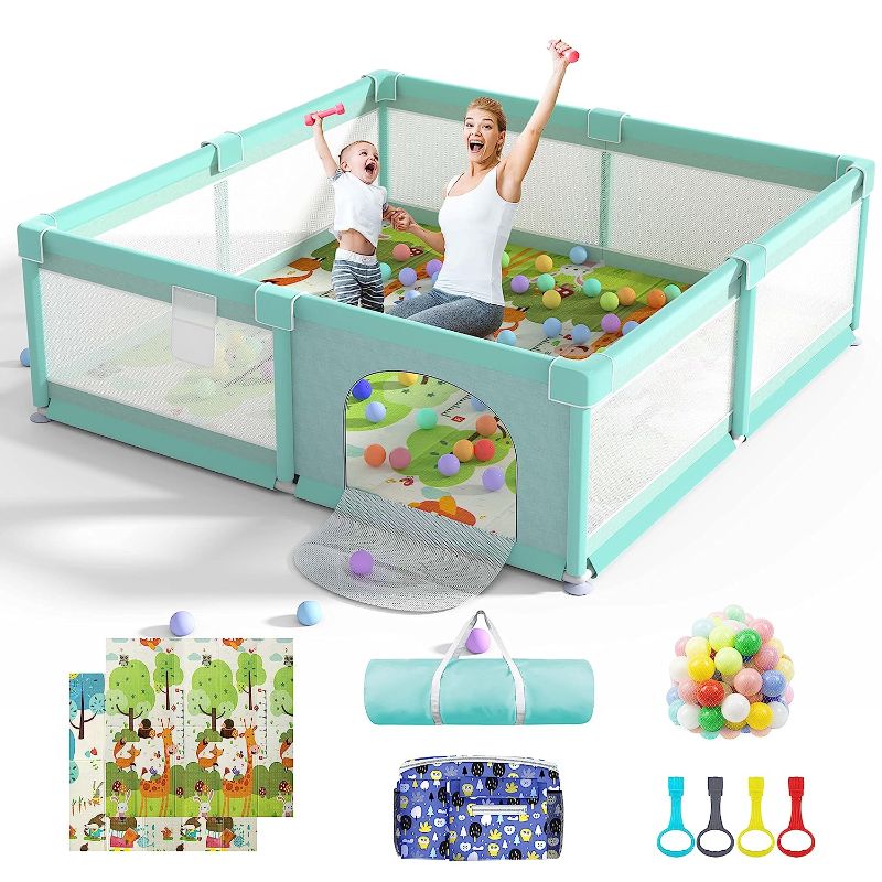 Photo 1 of Extra Large 79" X 71" Baby Playpen with Mat, LUTIKIANG Play Yard for Toddlers and Babies, Indoor/Outdoor Baby Playpen with Gate, Play Pin for Toddlers, for Playtime and Safety 