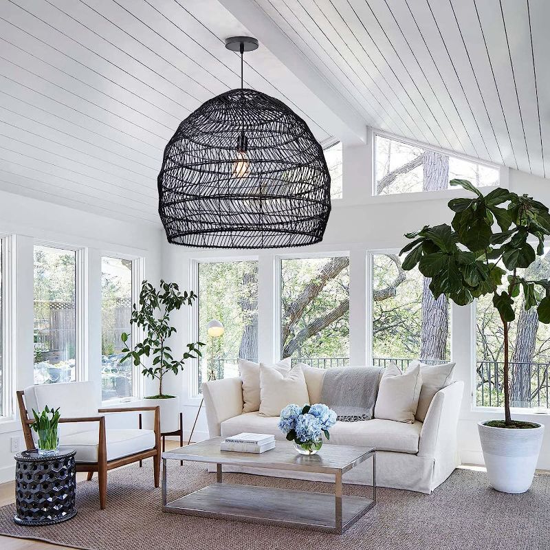 Photo 1 of 1 Light Rattan Hanging Ceiling Lamp Wicker Pendant Lights Hand Woven Chandelier for Bedroom Bathroom Kitchen Black