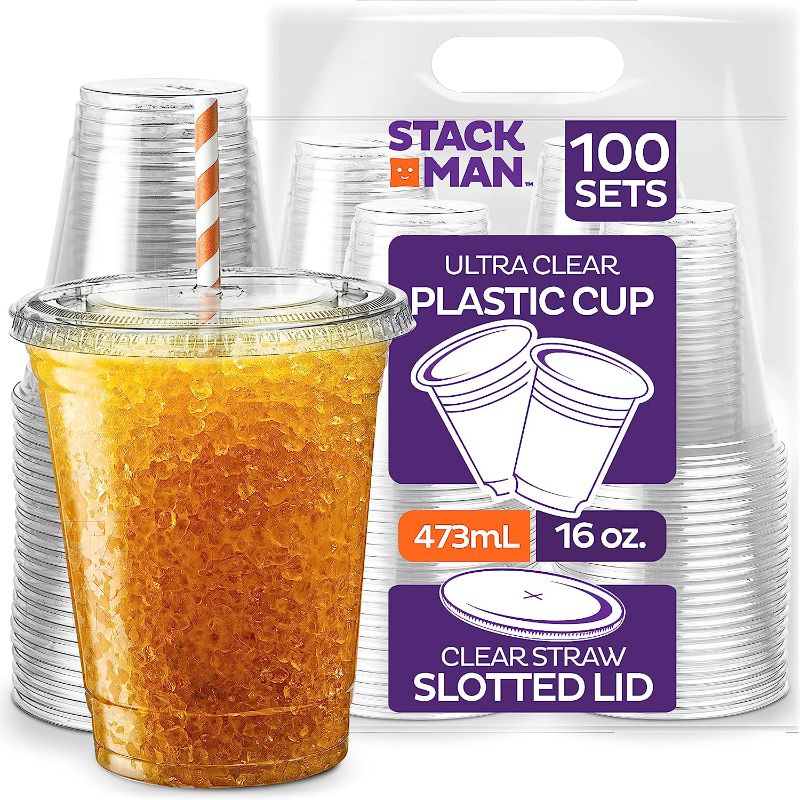 Photo 1 of [Sets - 16 oz.] Clear Plastic Cups with Straw Slot Lid, PET Crystal Clear Disposable 16oz