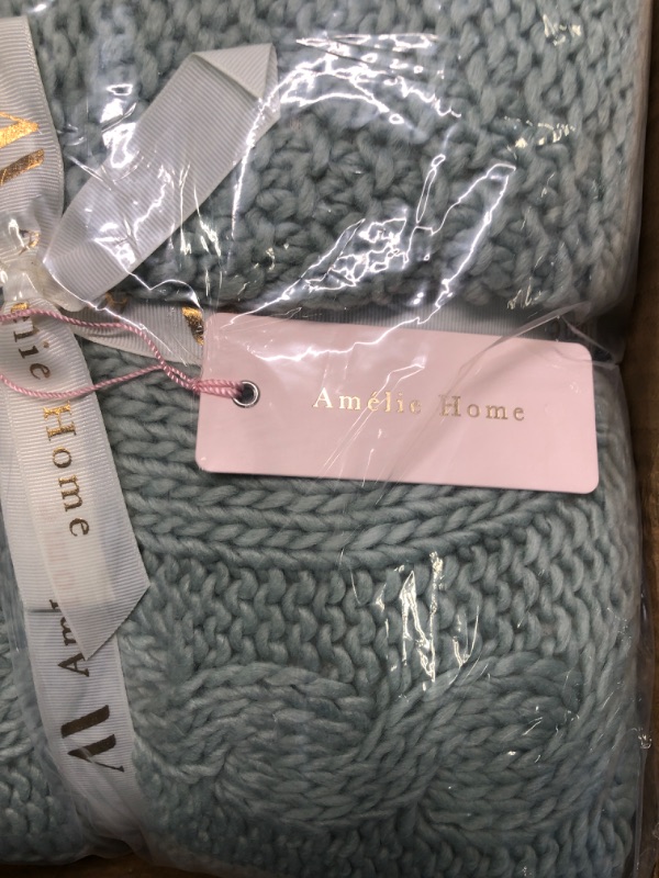 Photo 4 of Amélie Home Cable Knit Sherpa Throw Blanket, Reversible Thick Fall Winter Farmhouse Throw Blankets with Soft Fuzzy Fleece, Large Rustic Warm Blanket for Couch, Sofa, Bed, Sage Green, 50" x 70" Green 50" x 70"