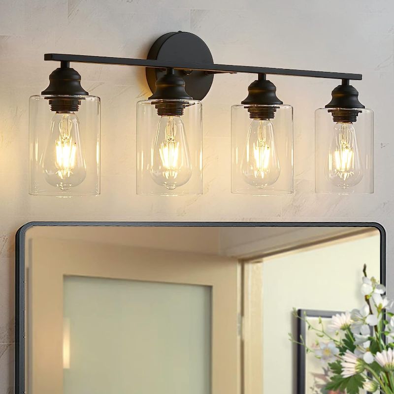 Photo 1 of Aipsun Bathroom Vanity Light Farmhouse 4 Light Matte Black Vanity Lighting Fixtures with Clear Glass Shade(Exclude Bulb) Black 4-Light