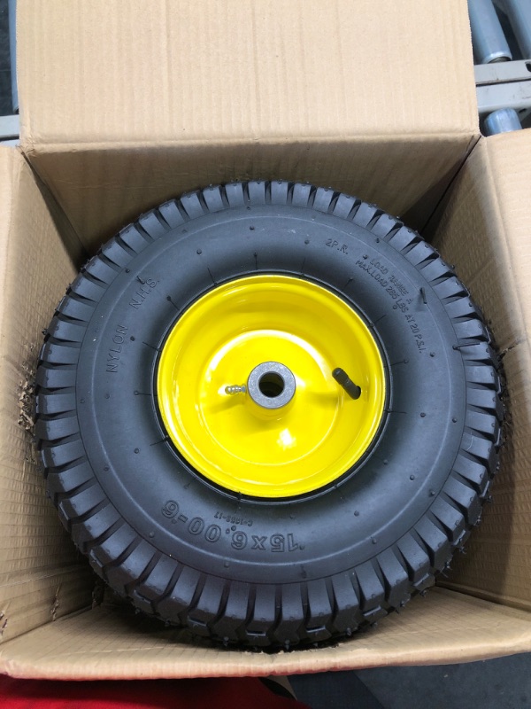 Photo 2 of (2 Pack) AR-PRO Exact Replacement 15" x 6.00 - 6" Front Tire and Wheel Assemblies for John Deere Riding Mowers - Compatible with John Deere 100 and D100 Series - 3” Hub Offset and 3/4” Bushings 15" x 6.00-6" Yellow