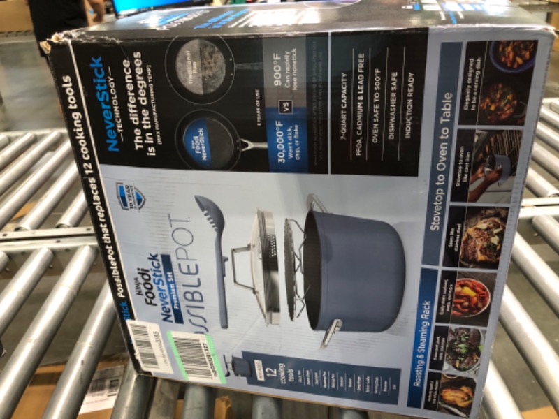 Photo 3 of Ninja CW202BL Foodi NeverStick PossiblePot, Premium Set with 7-Quart Capacity Pot, Roasting Rack, Glass Lid & Integrated Spoon, Nonstick, Durable & Oven Safe to 500°F, Macaron Blue Macaron Blue Pot