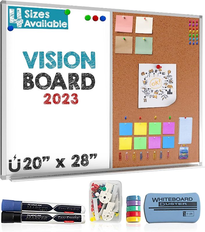 Photo 1 of Dry Erase Cork Board Combo Set - 20" x 28" Magnetic White Board and Cork Bulletin Combination Board, Use as Message Board, Memo Board - w/Markers, Eraser, Magnets, Push Pins