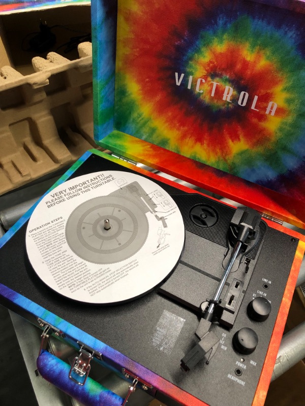 Photo 6 of Victrola Vintage 3-Speed Bluetooth Portable Suitcase Record Player with Built-in Speakers | Upgraded Turntable Audio Sound| Includes Extra Stylus | Tie Dye, 1SFA (VSC-550BT-TDY) Tie Dye Record Player