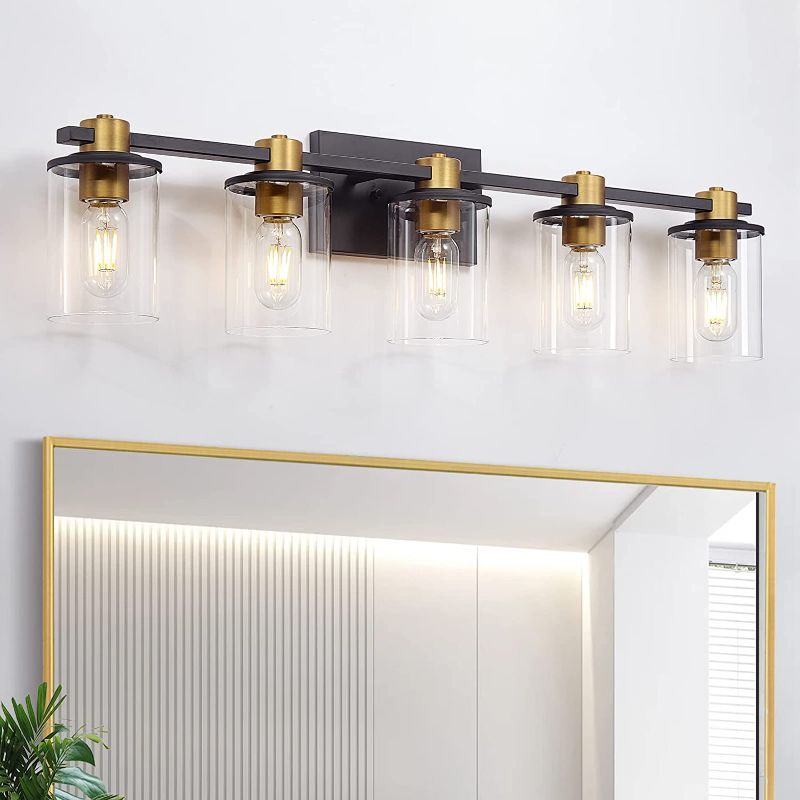 Photo 1 of 5 Light Bathroom Vanity Light Fixtures, Modern Black and Gold Vanity Lights Over Mirror, Vintage Sconce Wall Lighting with Clear Glass Shade, Brushed Gold Vanity Lights for Bathroom